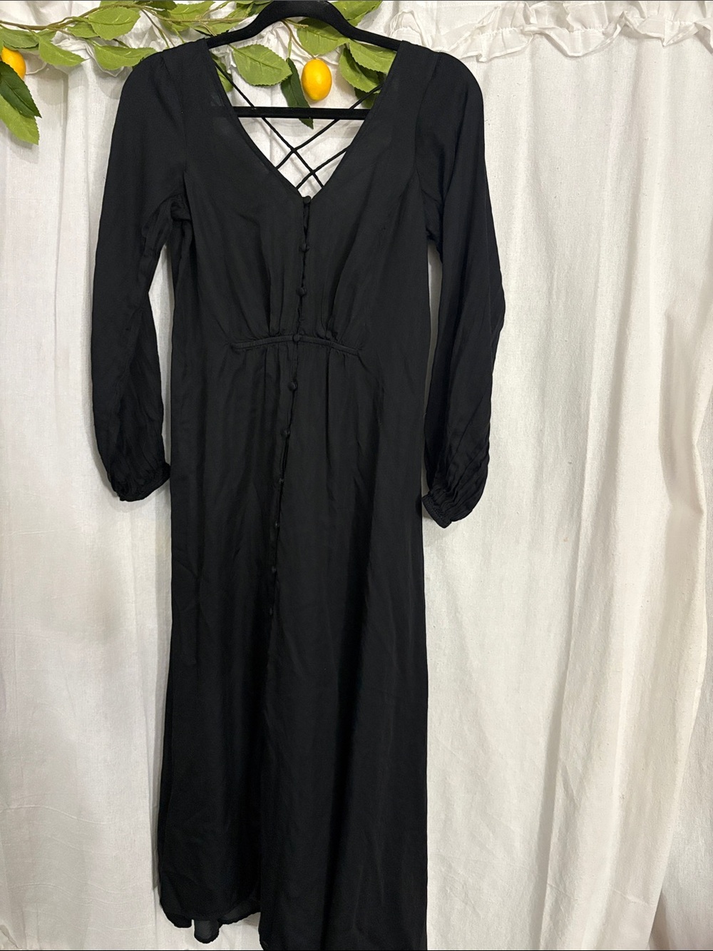 Free People Later Days Black Long Sleeve Maxi Dress with Crisscross Back size 2